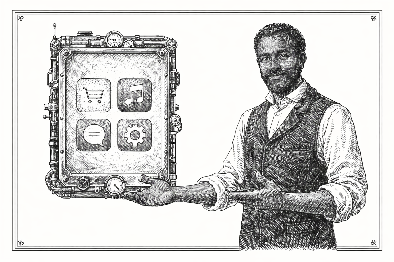 Illustration évoquant le développement d’applications : code, mobile, API et méthodologie.