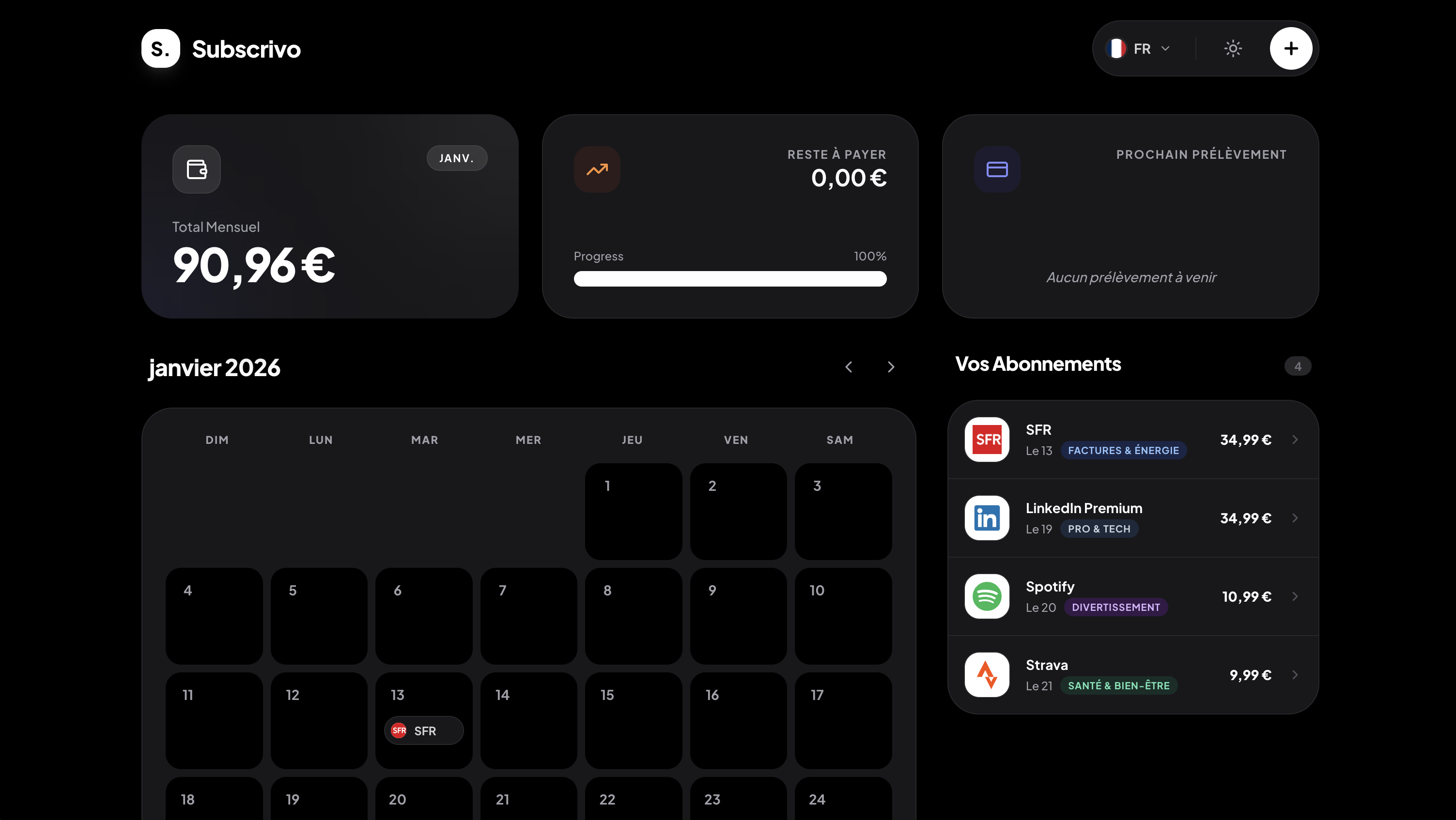 Aperçu de Subscrivo, gestion des abonnements.